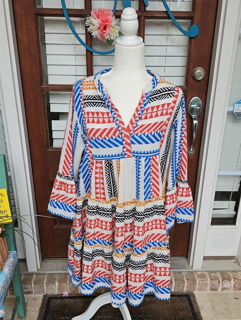 Devotion TWINS Ella Short Multicolor Geometric Tiered V-Neck Dress